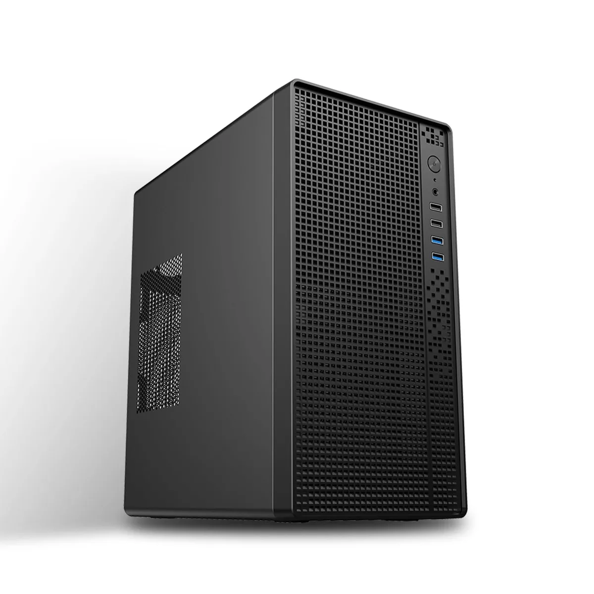 Compact silver micro-ATX mini-tower case with mesh front panel and side venting