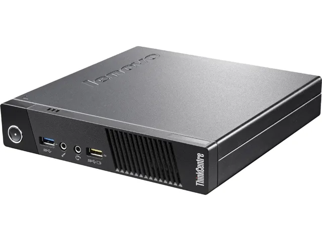 Small black rectangular desktop computer, compact Tiny form factor, matte finish