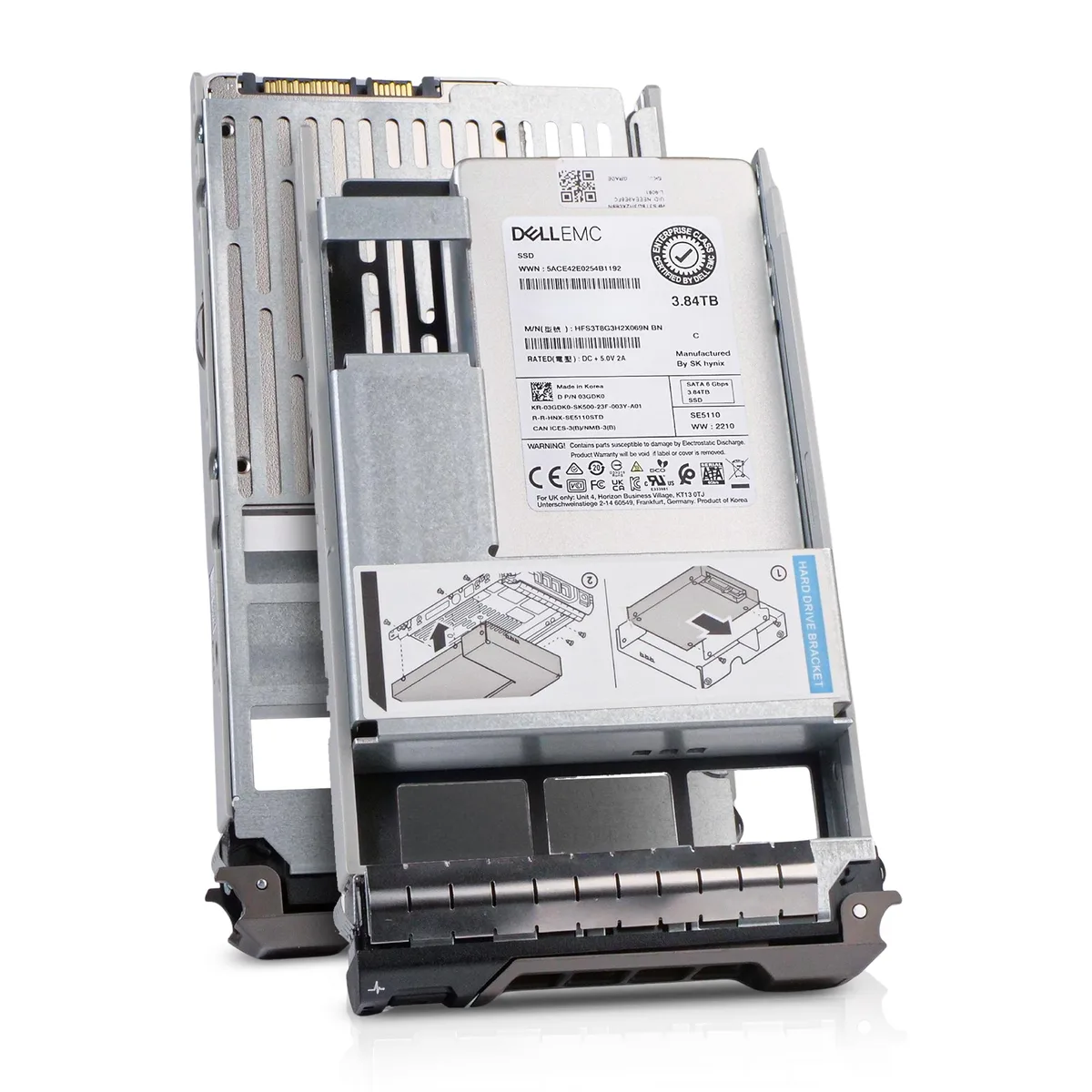 Silver 2.5 inch SSD mounted in black hybrid tray with green circuit board visible