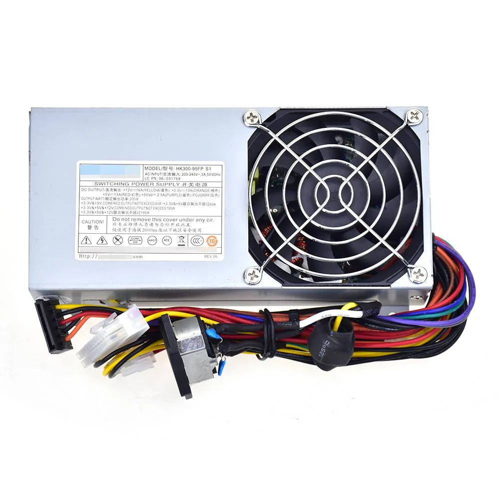 Rectangular silver ATX power supply unit with ventilation grille and label visible