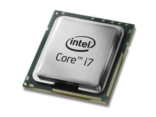 Intel Core i7-7700 desktop processor in green PCB with silver heat spreader and gold contact pads