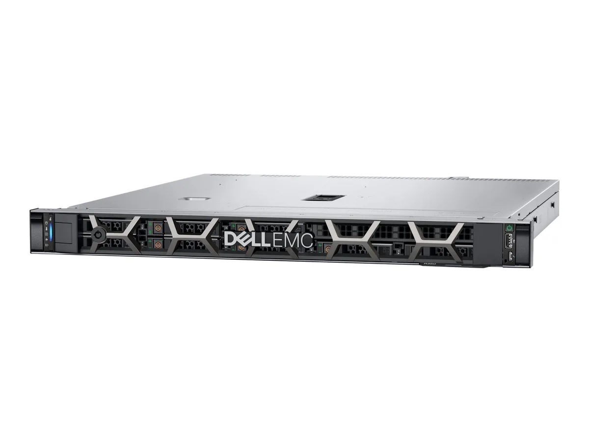 Silver 1U rack server with front drive bays and blue pull tabs