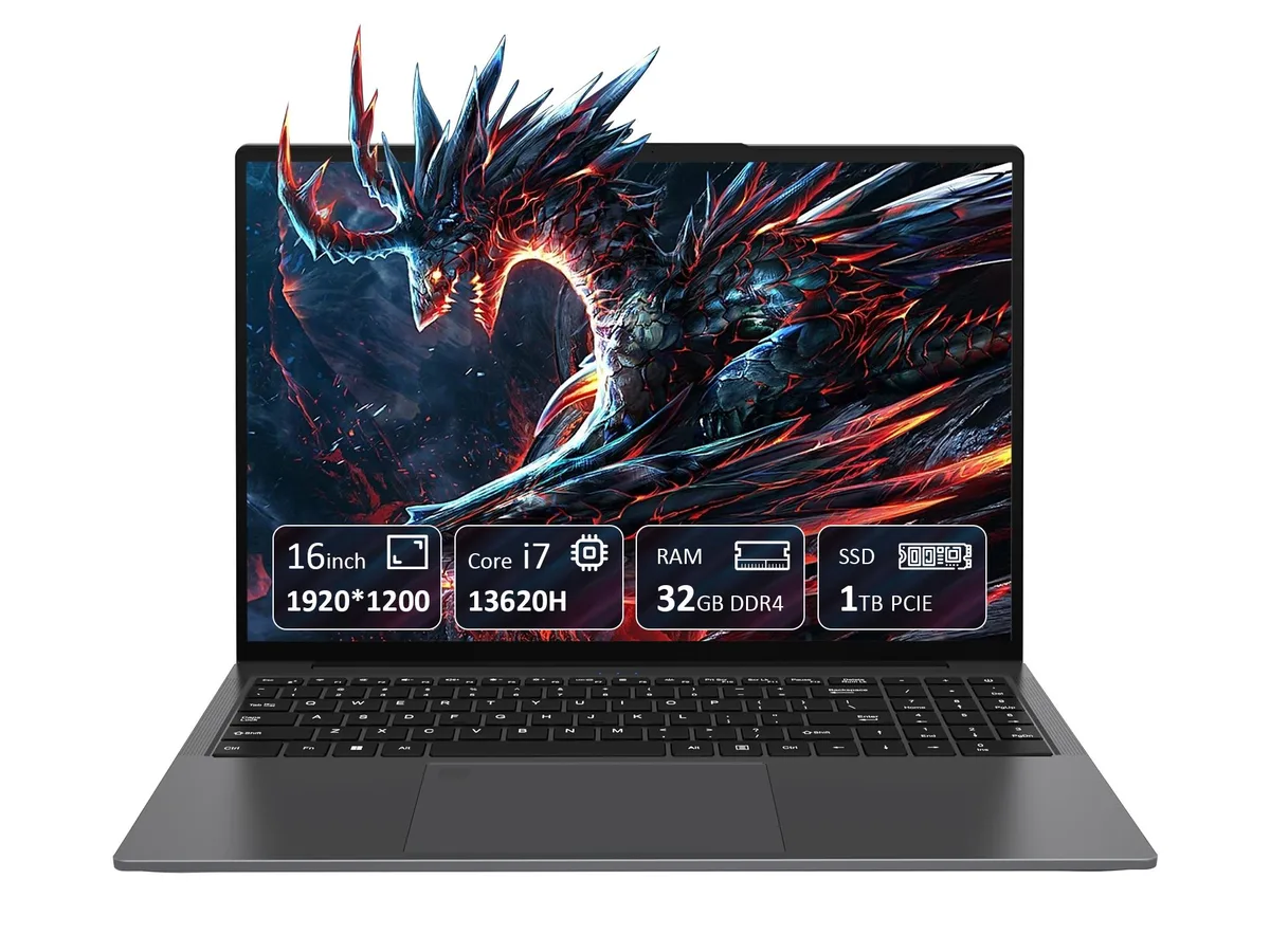 Gray 16-inch thin-and-light laptop with FHD IPS display, backlit keyboard and fingerprint reader