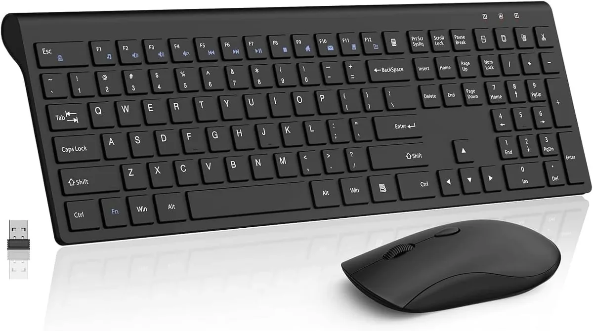 Black full-size wireless keyboard and mouse combo, slim matte finish, 110 keys, single USB receiver