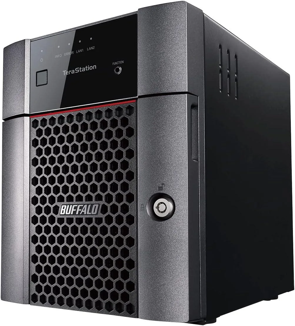 A black rectangular desktop NAS with four drive bays and a 2.5GbE port
