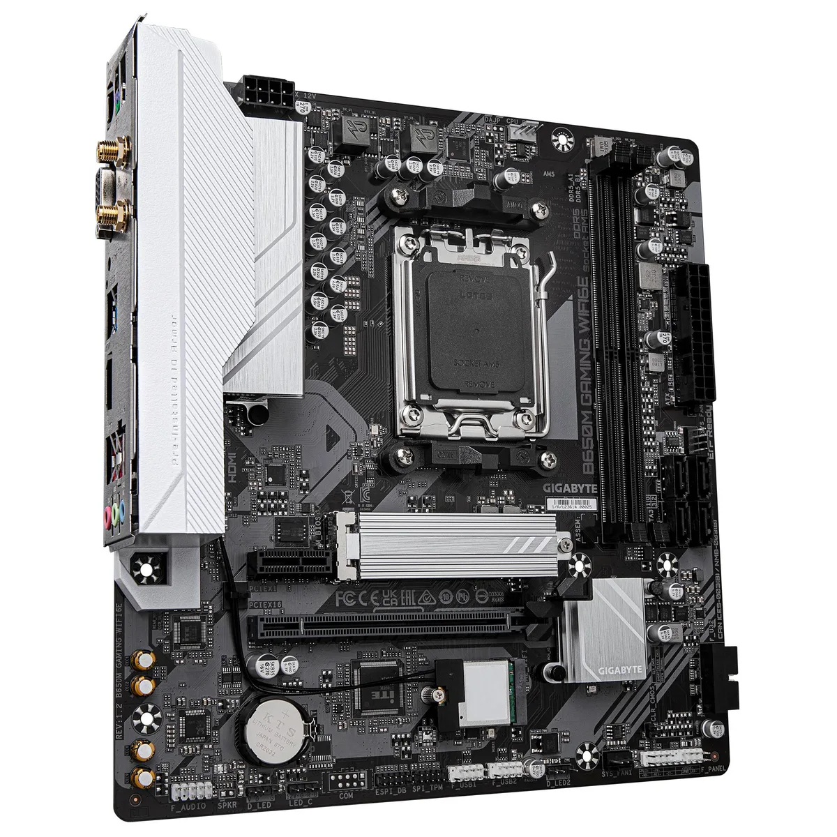 Micro-ATX board with black PCB and silver heatsinks