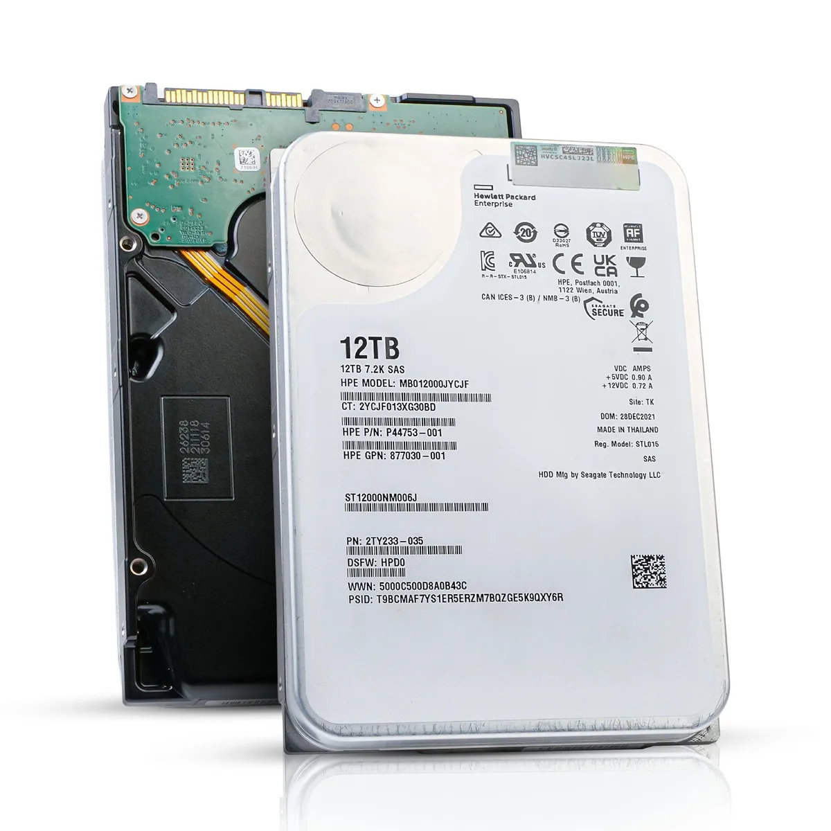 Silver 3.5 inch enterprise hard drive with SAS connectors and green circuit board