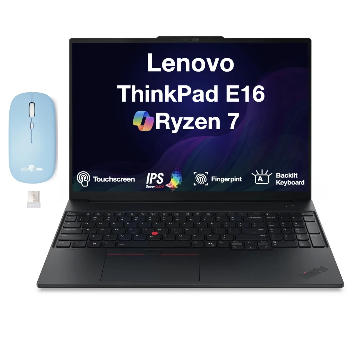 Lenovo ThinkPad E16 laptop, black 16 inch touchscreen display, slim chassis
