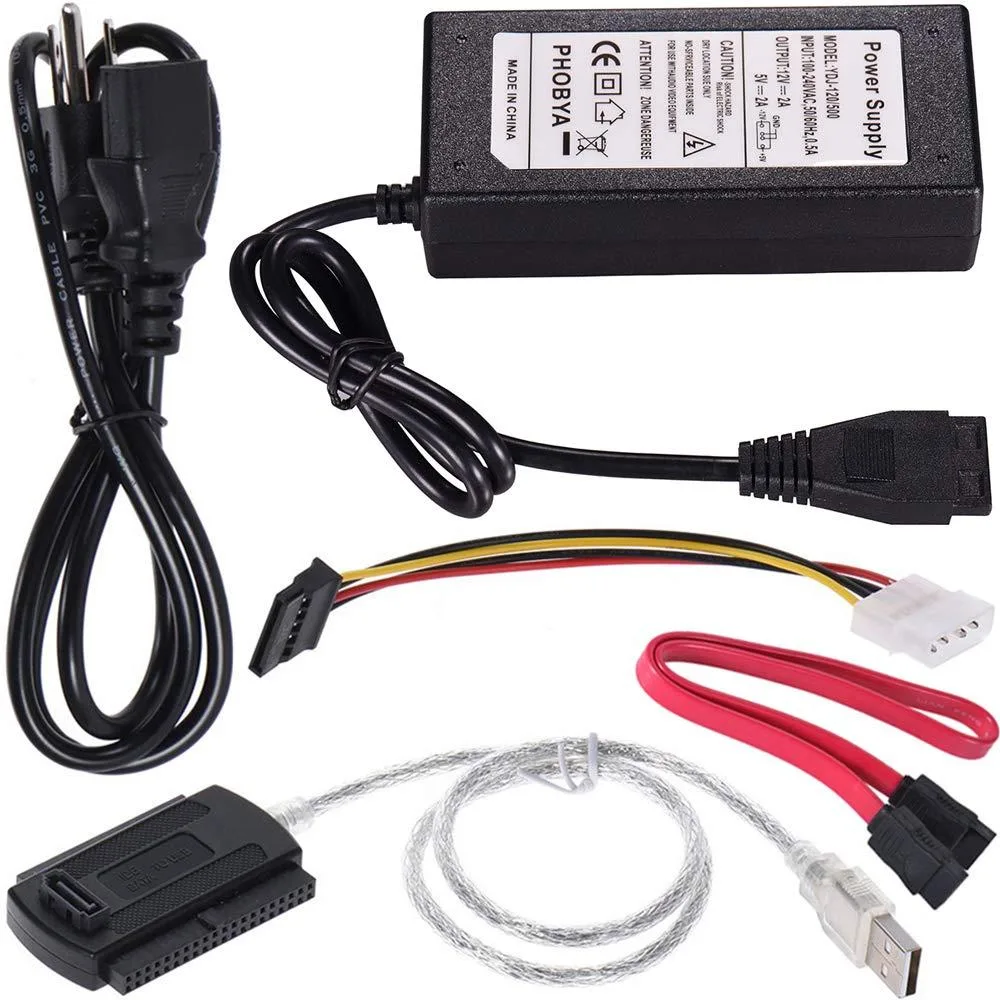 Black rectangular adapter box with USB cable and SATA IDE connectors on short leads