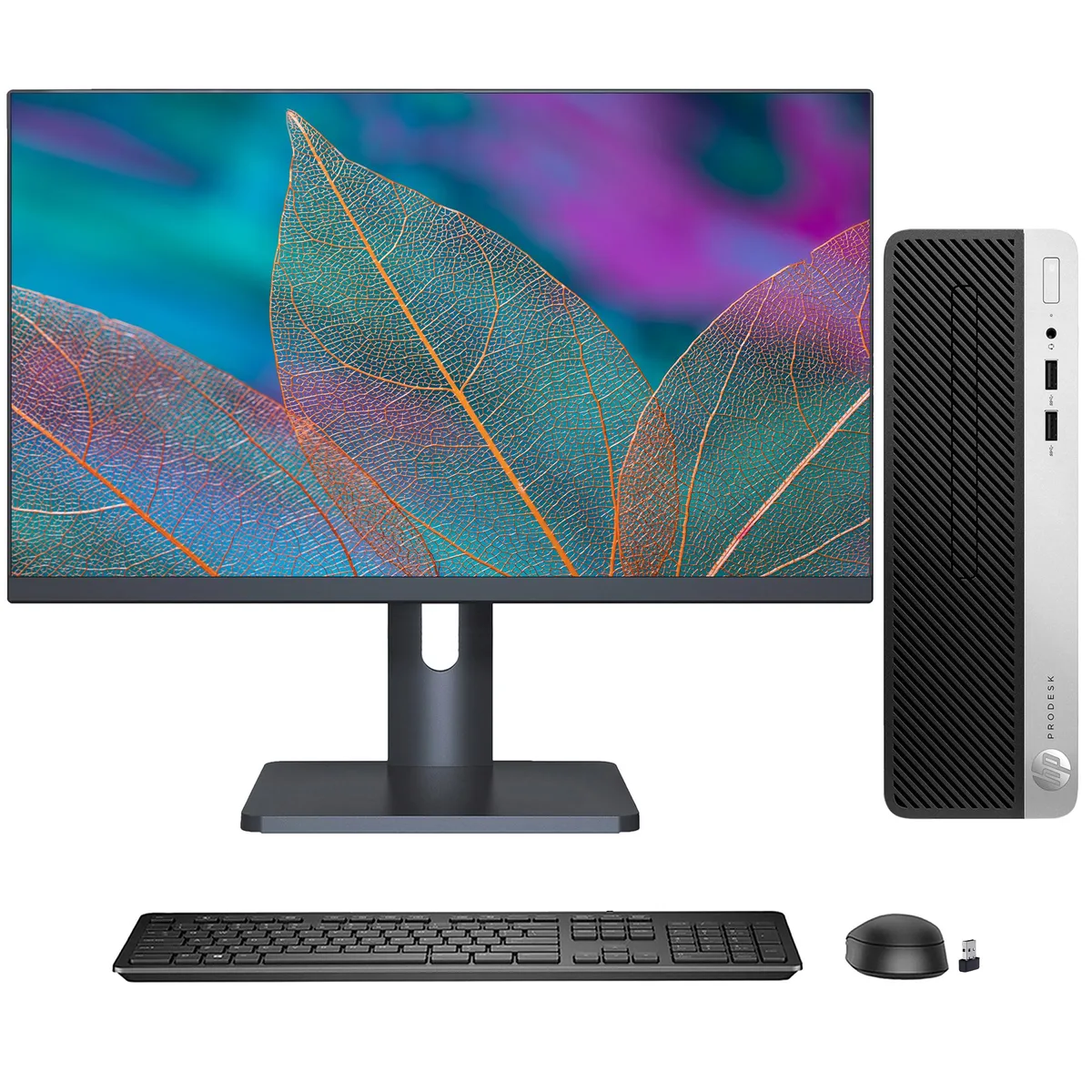 HP HP ProDesk 400 G5 SFF desktop PC i3-8100 8GB 512GB SSD 27" monitor Windows 11 Pro — photo du produit