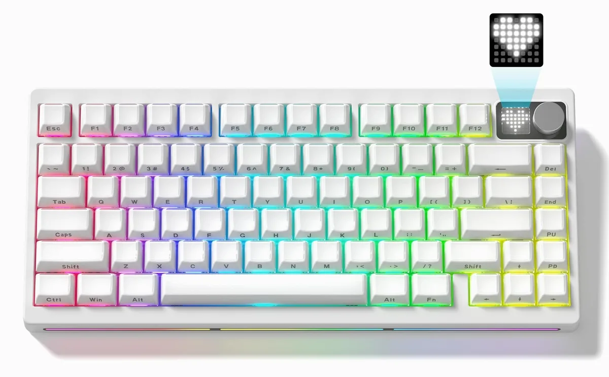 White 75% aluminium keyboard with rotary knob and dot-matrix RGB display