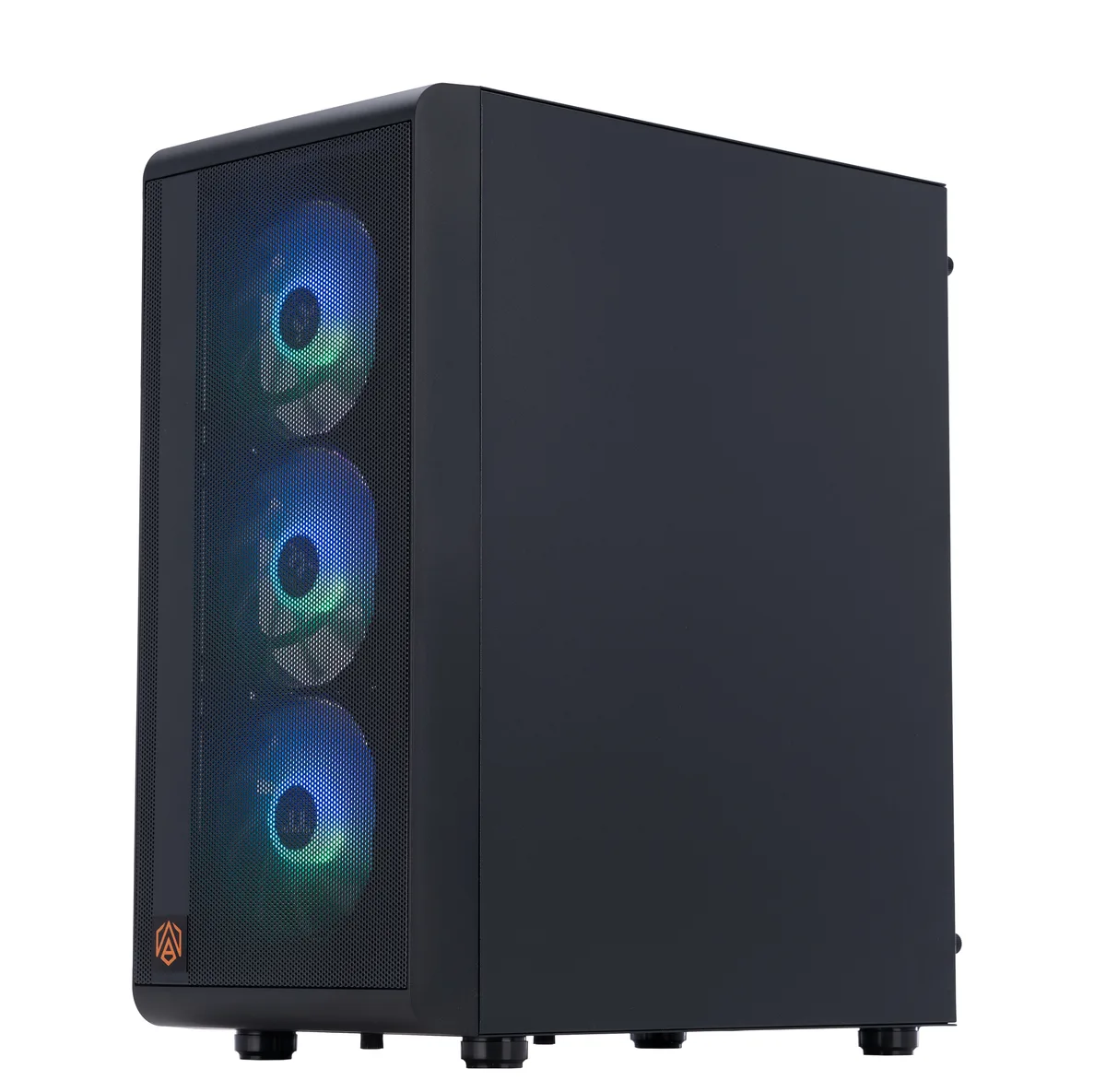 Black mid-tower gaming desktop with RGB lighting
