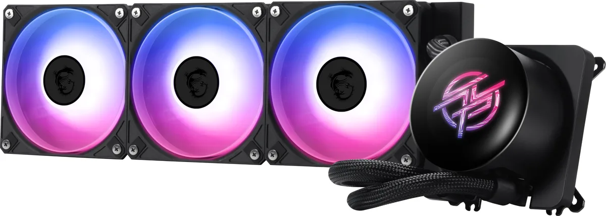 Black AIO liquid cooler with 360mm radiator, triple 120mm ARGB fans, round 2.1-inch IPS LCD screen on pump block