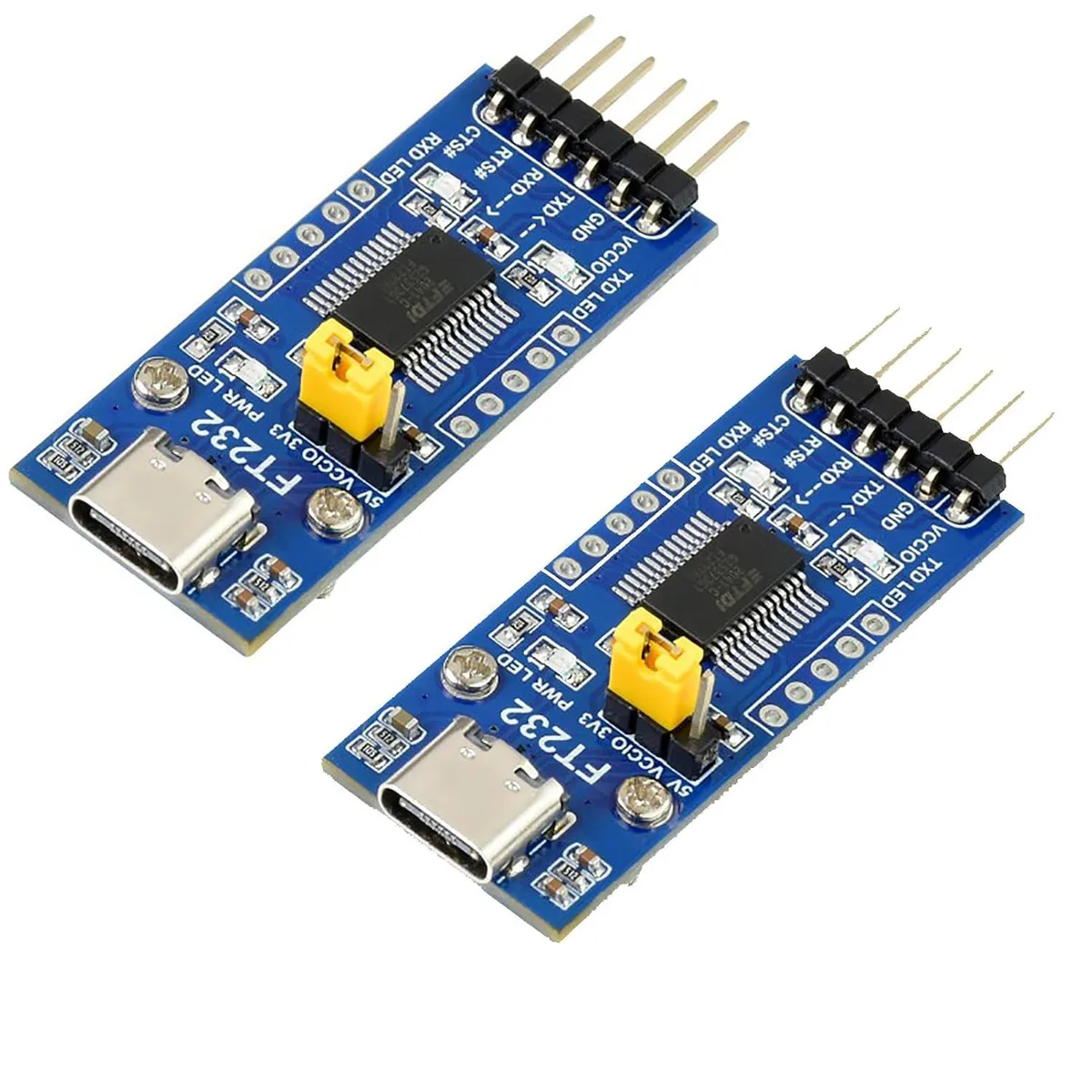 Two small green circuit boards with USB-C connectors and pin headers