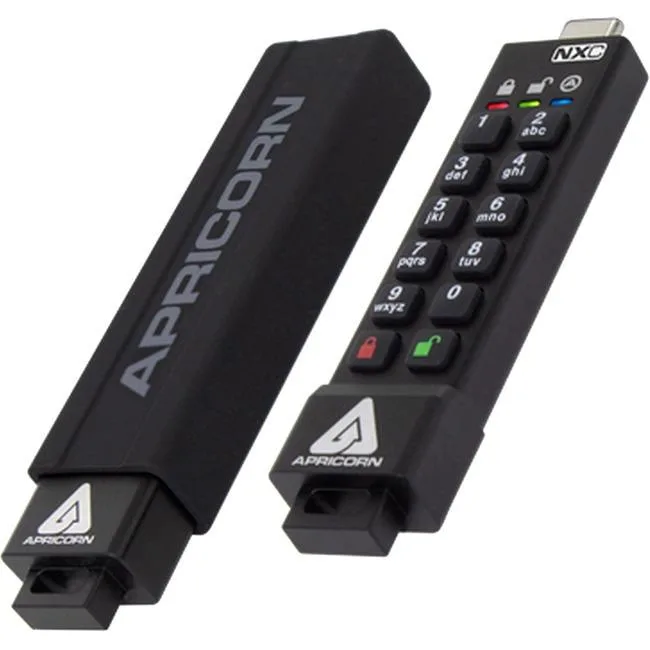 Small black USB-C flash drive with built-in keypad