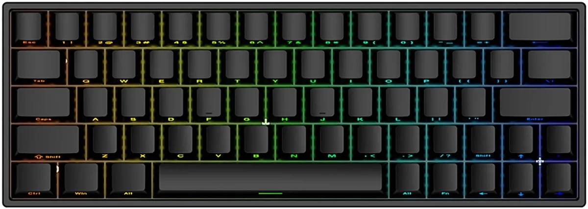 Compact 60% black wired keyboard with 63 keys and RGB backlighting