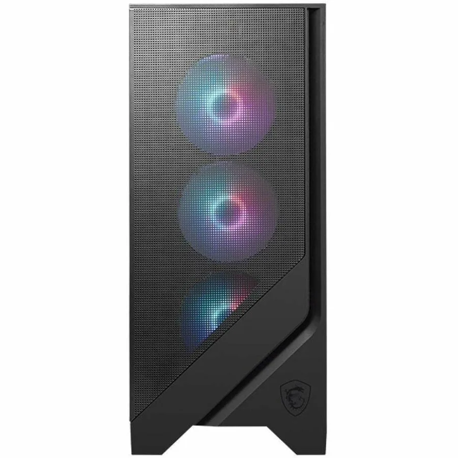 Black mid-tower gaming desktop with angular front panel