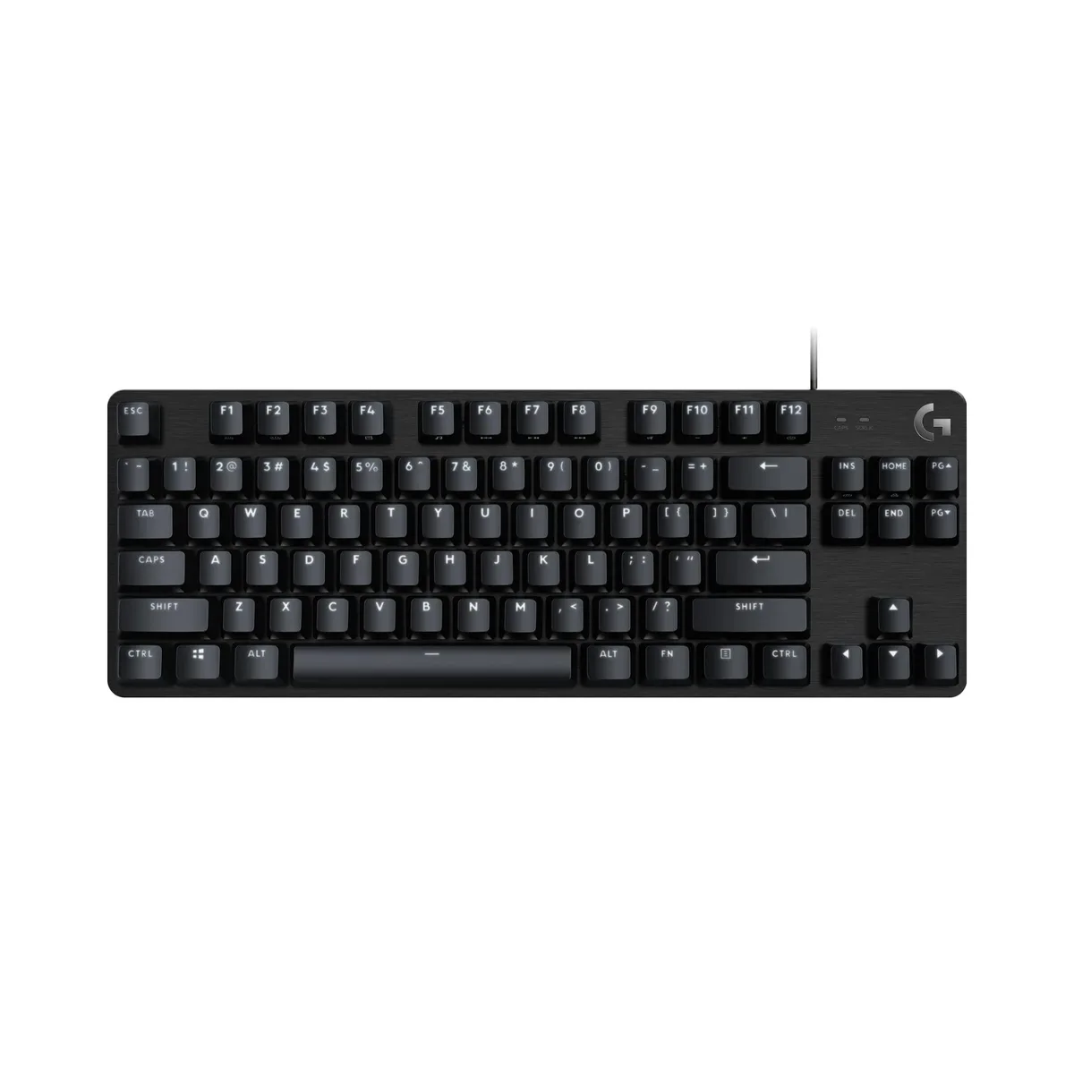 Black tenkeyless mechanical keyboard with white LED backlighting and brushed aluminium top case