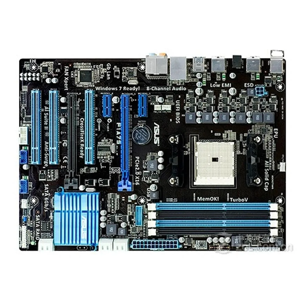 ATX motherboard with Socket FM1 and AMD A75 chipset, DDR3 memory slots, green PCB, silver I/O shield