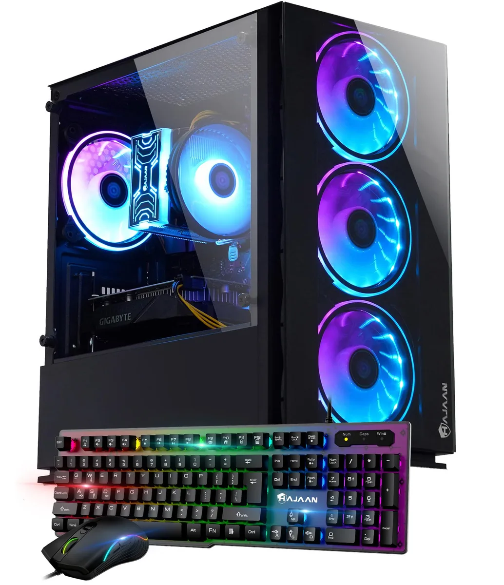 Black mid-tower gaming desktop with tempered glass side panel and RGB lighting