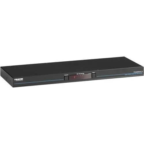 Black Box Freedom II 8-Port KM switch, silver rackmount chassis with front ports, 17.1 by 6.2 inches