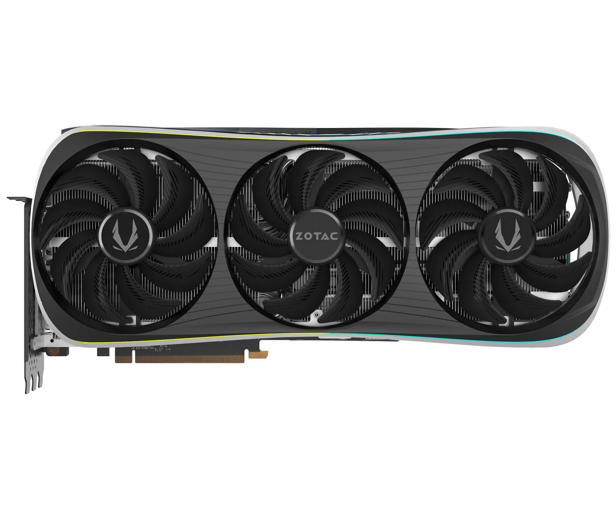 Triple-fan graphics card with silver shroud, RGB-lit metal backplate and 16-pin power connector