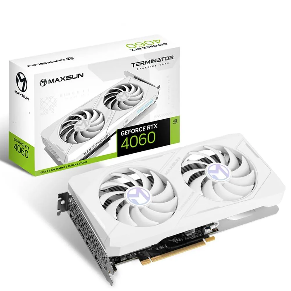 White dual-fan graphics card with metal backplate and RGB lighting