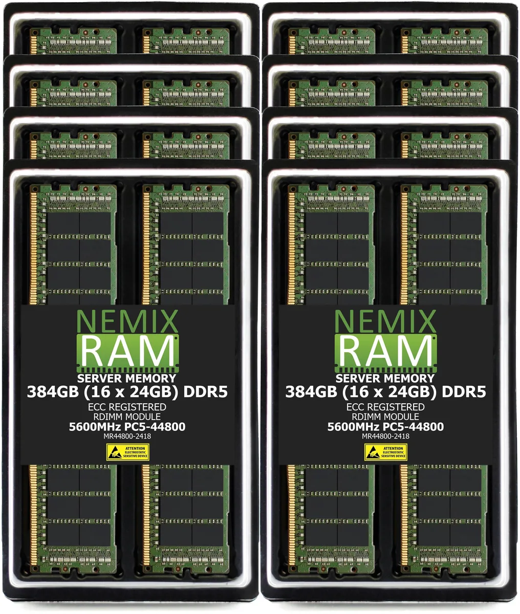 Sixteen green DDR5 ECC RDIMM sticks in a row