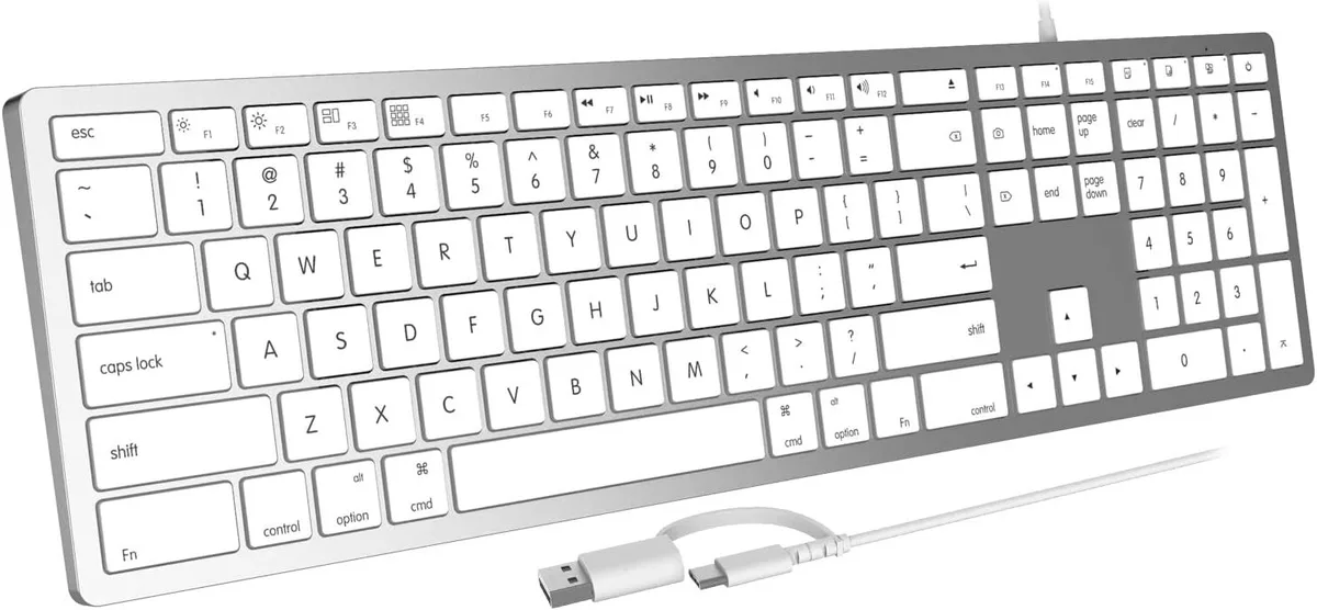 White full-size wired Mac keyboard with 108 keys, 20 shortcut keys, USB-A and USB-C connectors