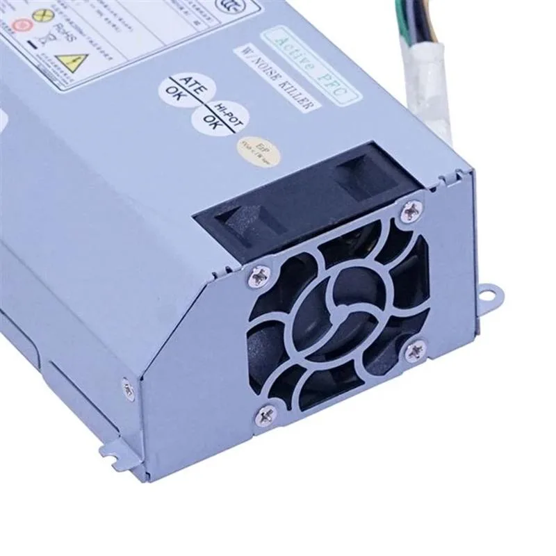 Rectangular silver metal ATX power supply unit with fan grille and cable bundle