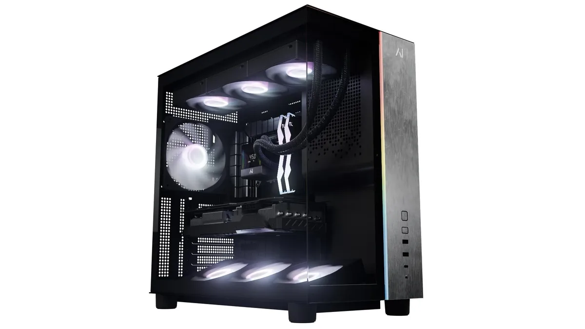 Black mid-tower gaming desktop with ARGB liquid cooling and tempered glass side panel