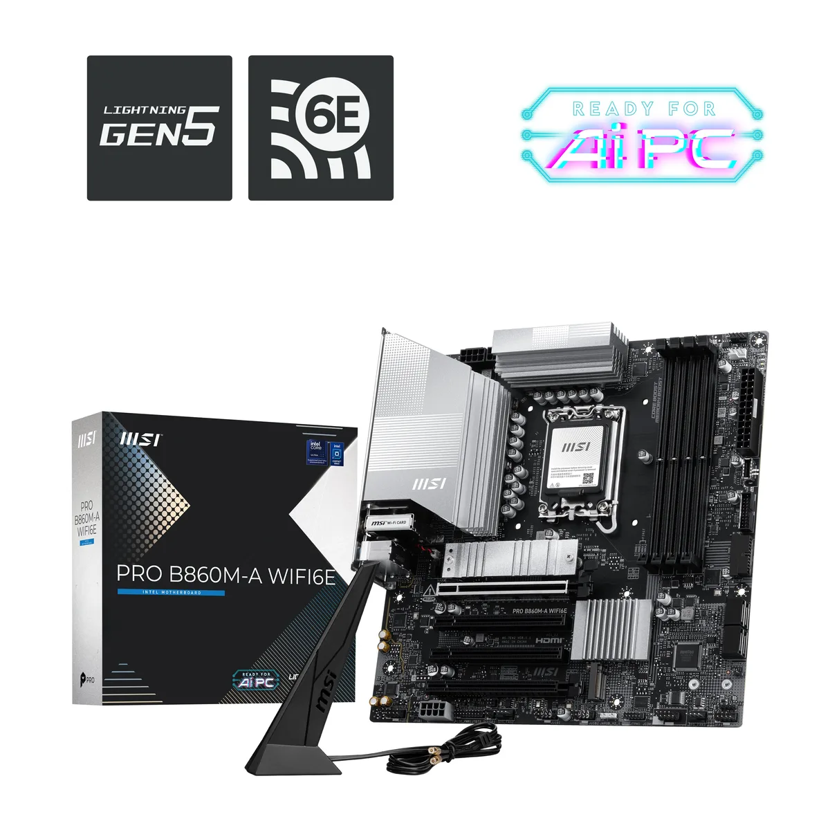 Rectangular mATX motherboard with dark grey finish and silver heatsinks