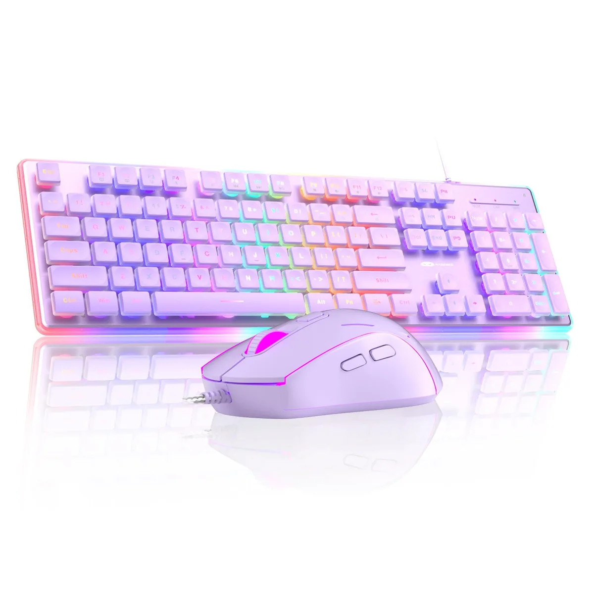 Purple 104-key RGB keyboard with pudding keycaps and matching wired mouse