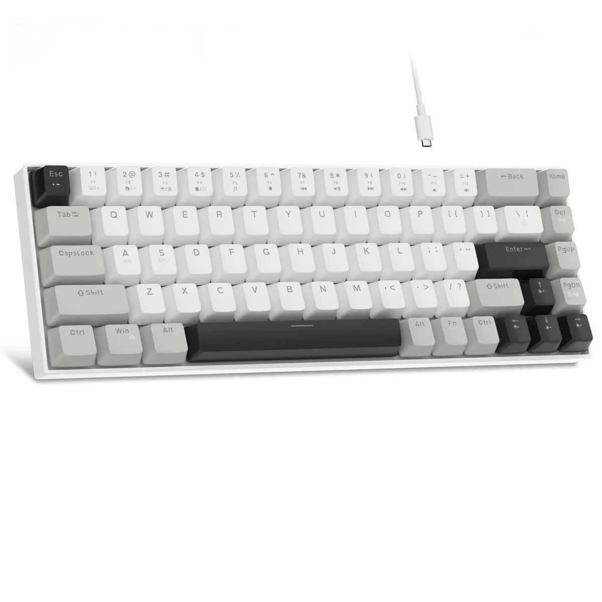 Compact grey 60% mechanical keyboard with 68 keys, white LED backlighting, red linear switches, and detachable USB-C cable