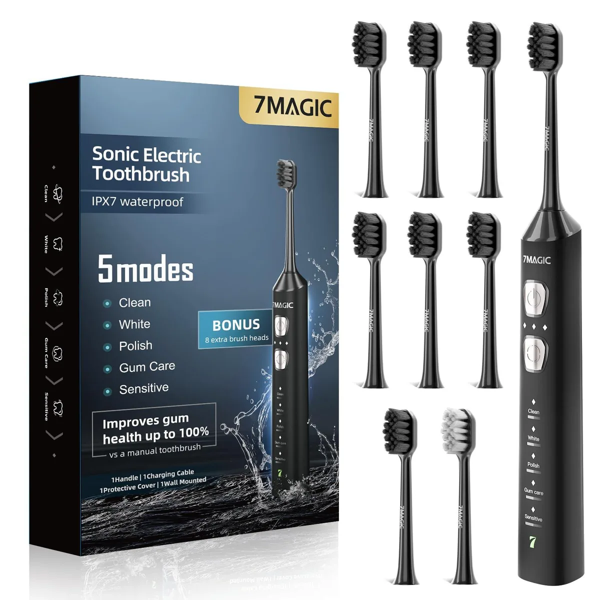  7MAGIC D36 Sonic Electric Toothbrush Black 42000 VPM 180-Day Runtime 8 Heads — product photo