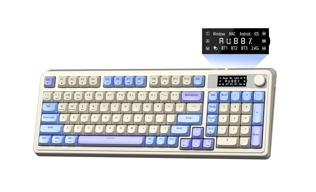 Purple and white 99-key membrane keyboard with smart screen and rotary knob