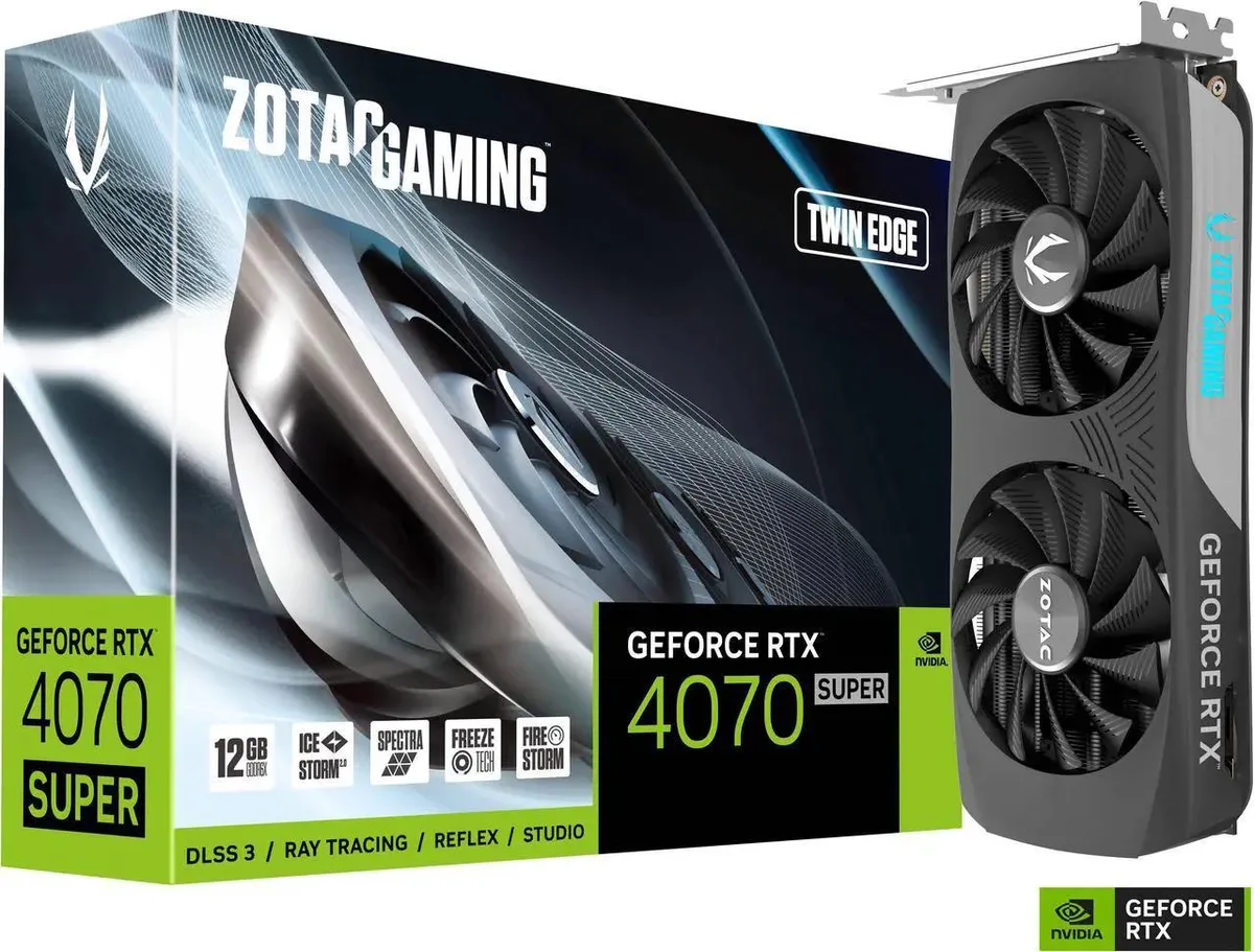 Dual-fan graphics card in silver and black with metal backplate and RGB lighting