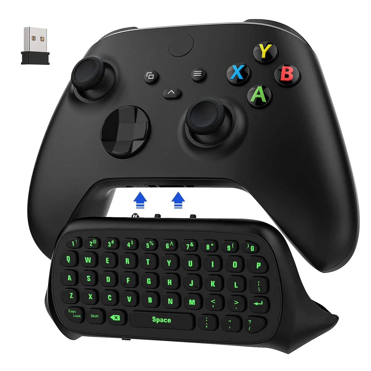 Black compact keyboard with green backlight clipped onto Xbox controller