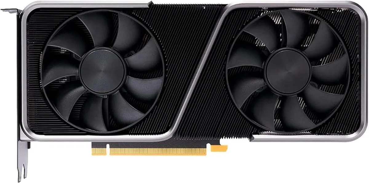 Titanium and black dual-slot graphics card with exposed heatsink fins and push-pull fans