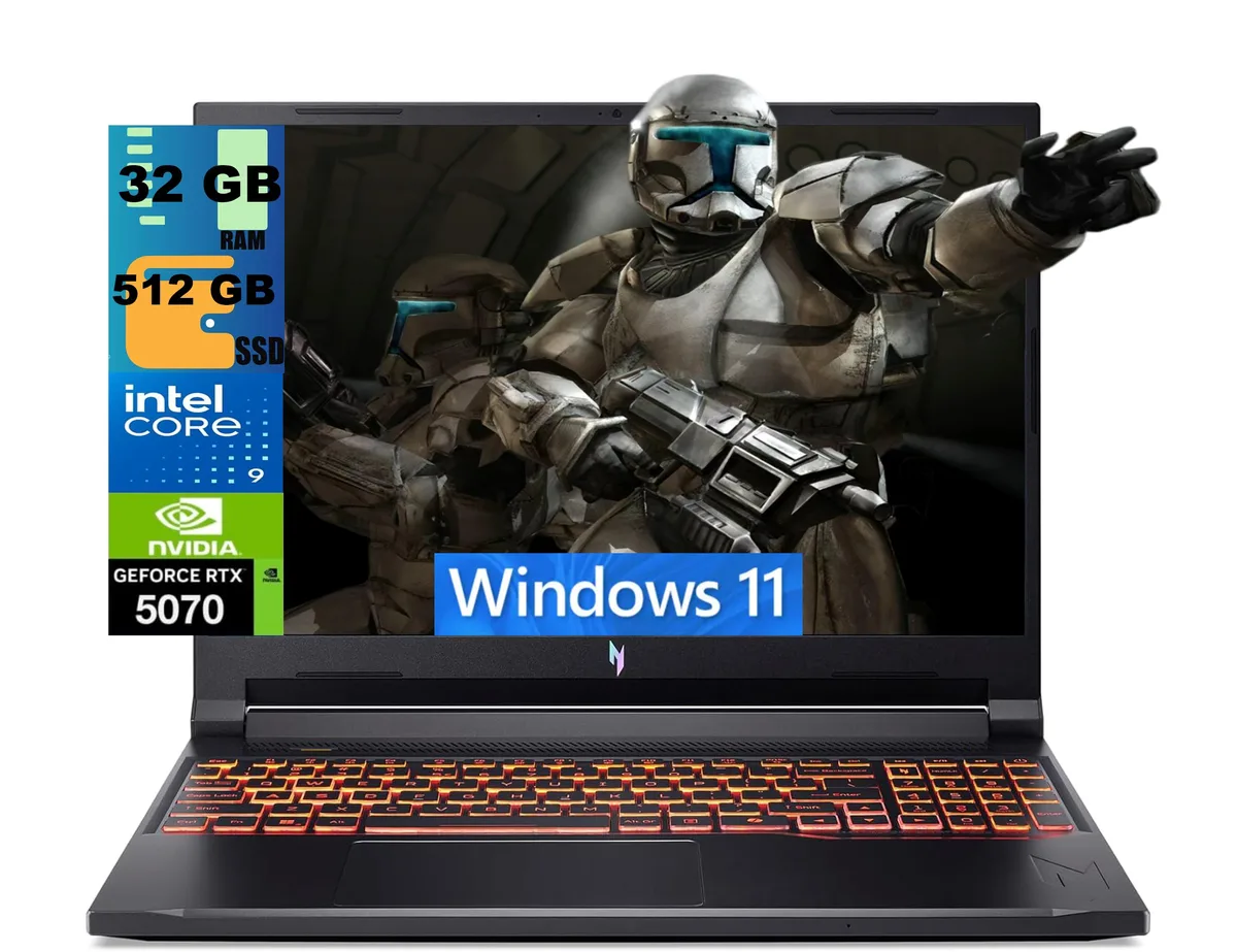Black 16-inch gaming laptop, slim profile, backlit keyboard