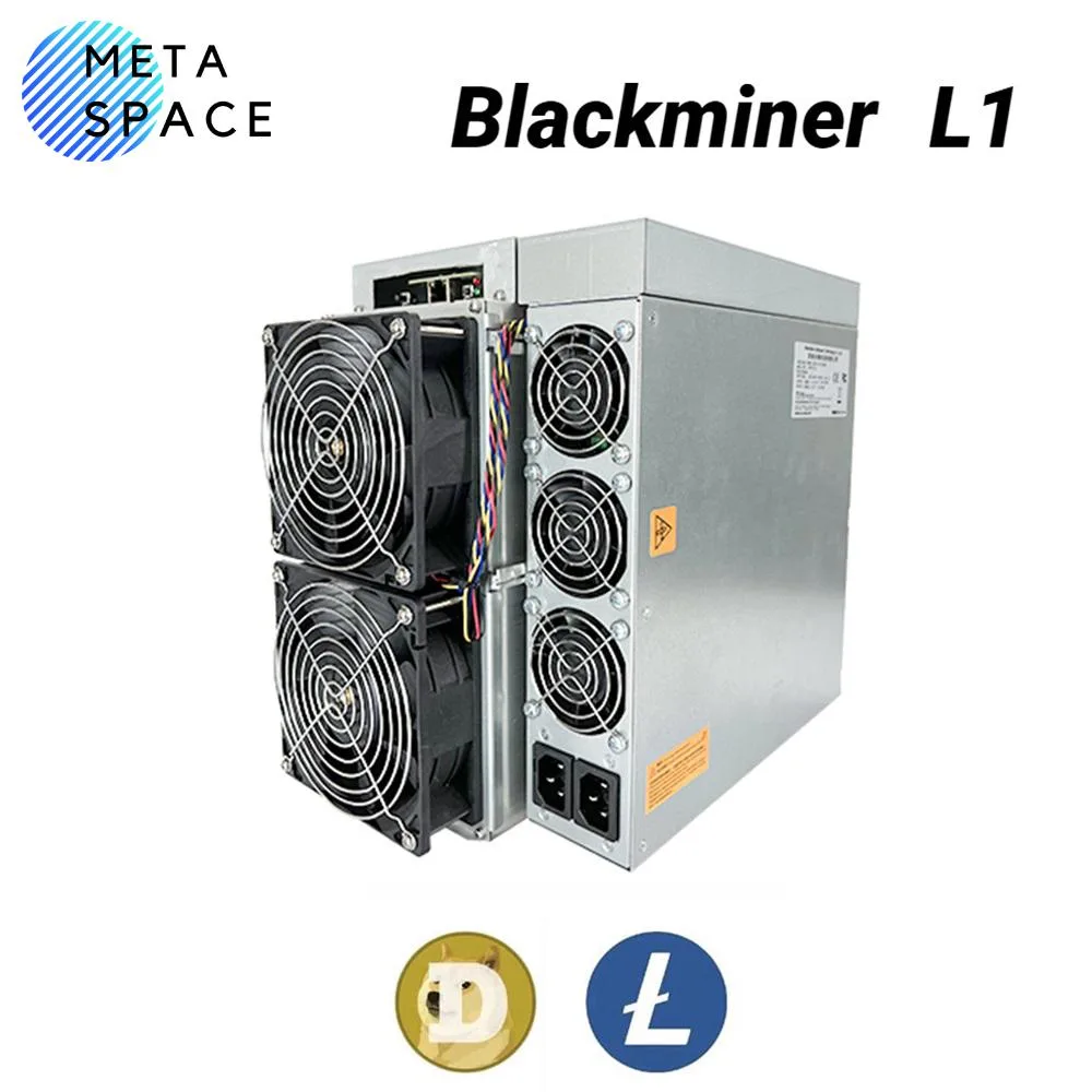Rectangular black metal mining unit with front grille and rear power sockets
