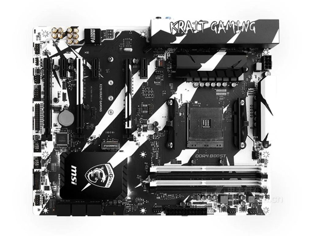 Black ATX motherboard with white and grey accents, AM4 socket, four RAM slots, multiple PCIe slots, rear I/O panel visible