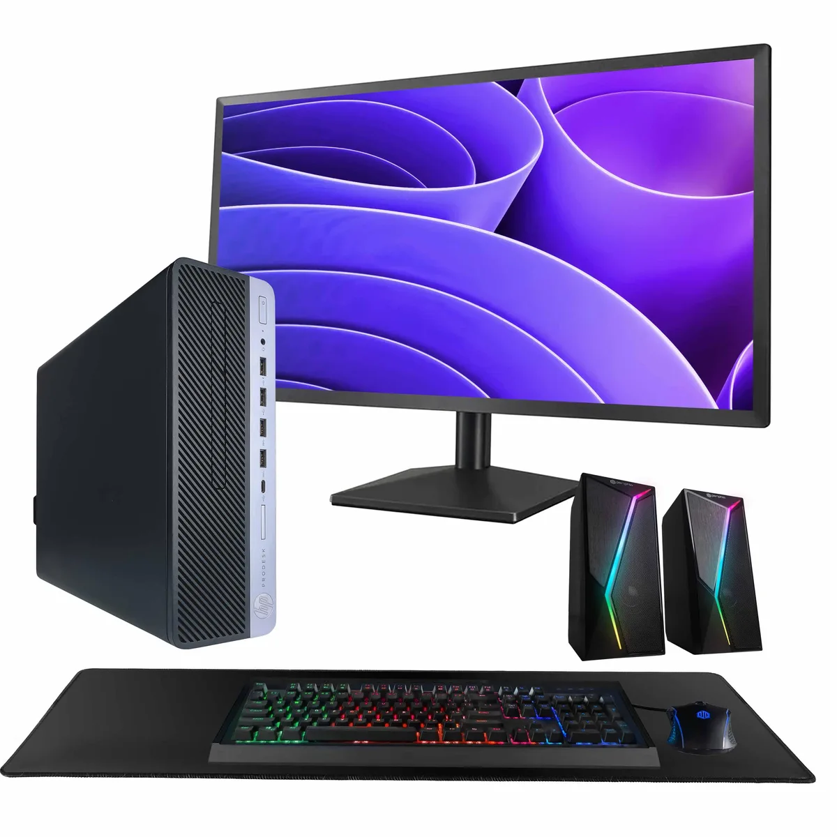 Black and silver HP ProDesk 600G4 tower with 24 inch monitor keyboard mouse and RGB speakers