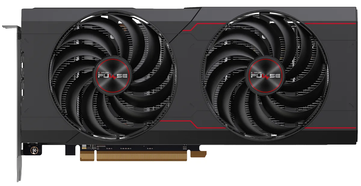 Black dual-fan graphics card with silver accents, PCIe 4.0 interface, one HDMI 2.1 and three DisplayPort 1.4 outputs