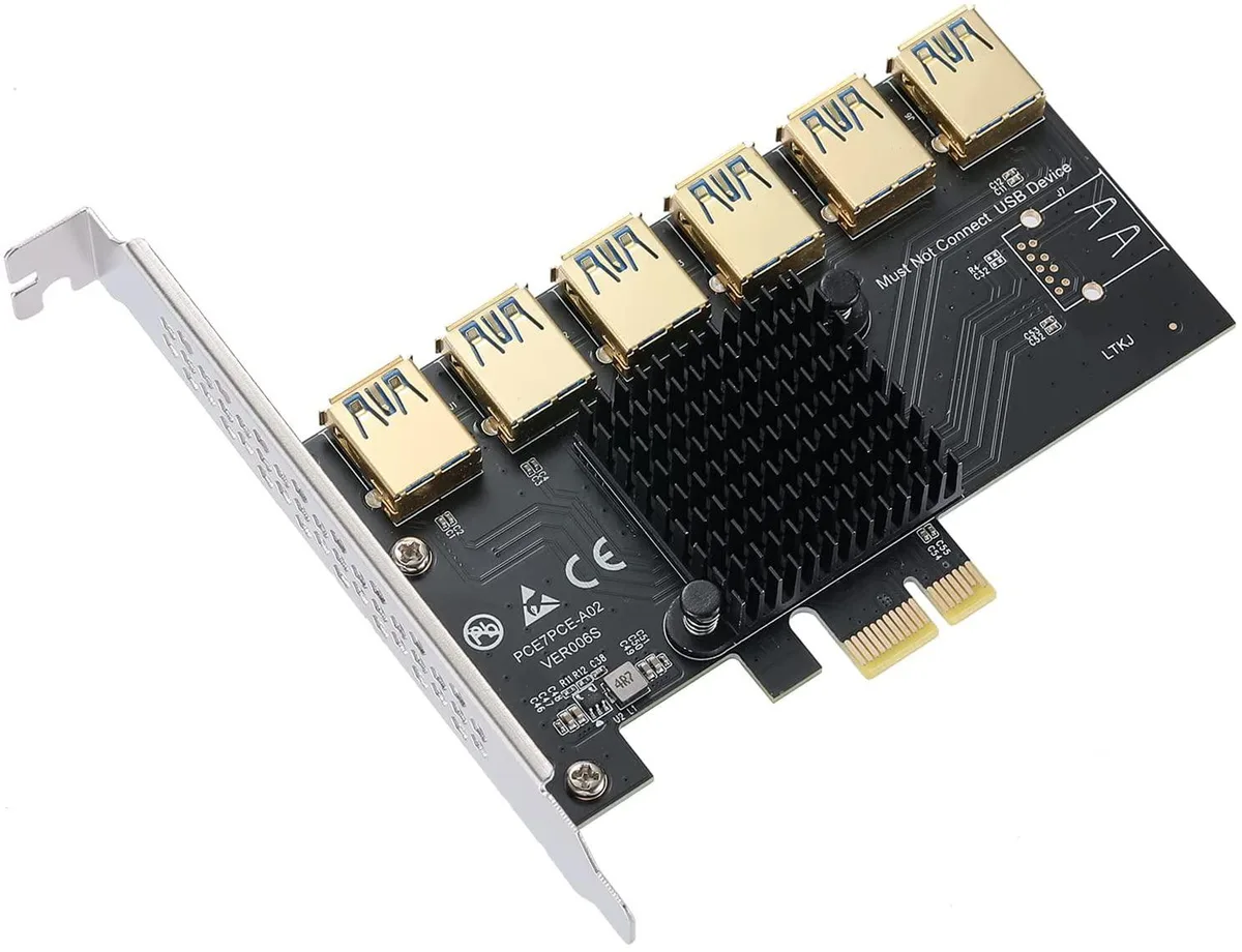 Black PCI-E riser card with six USB 3.0 ports and an IC heat radiator