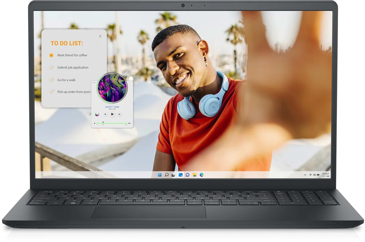 Black Dell Inspiron 3535 15.6 inch touchscreen laptop closed on a plain background