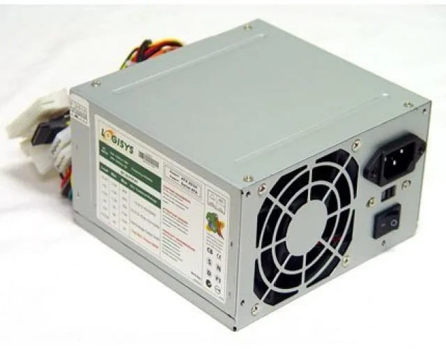 Grey ATX power supply unit with a single fan and standard connector cables