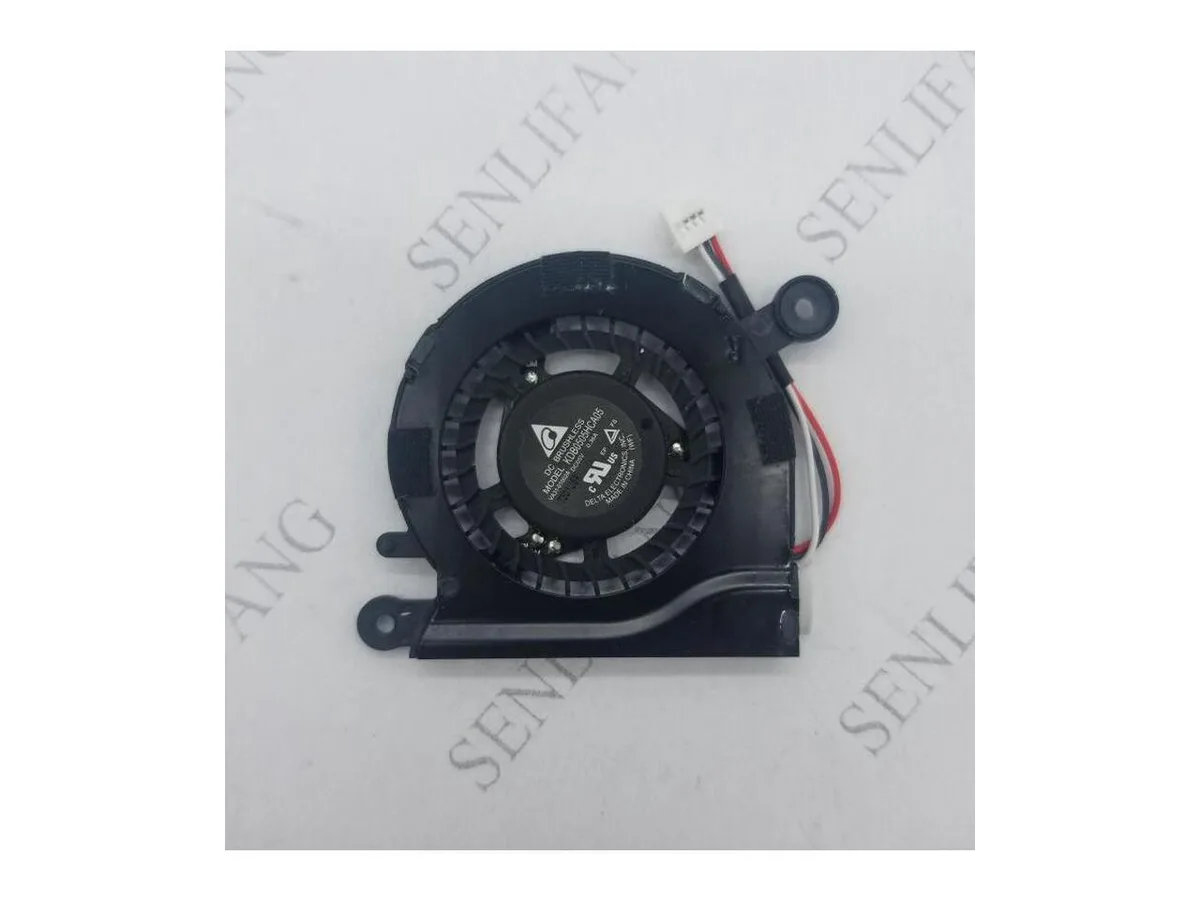 Small black laptop CPU cooling fan with plastic housing and wire connector