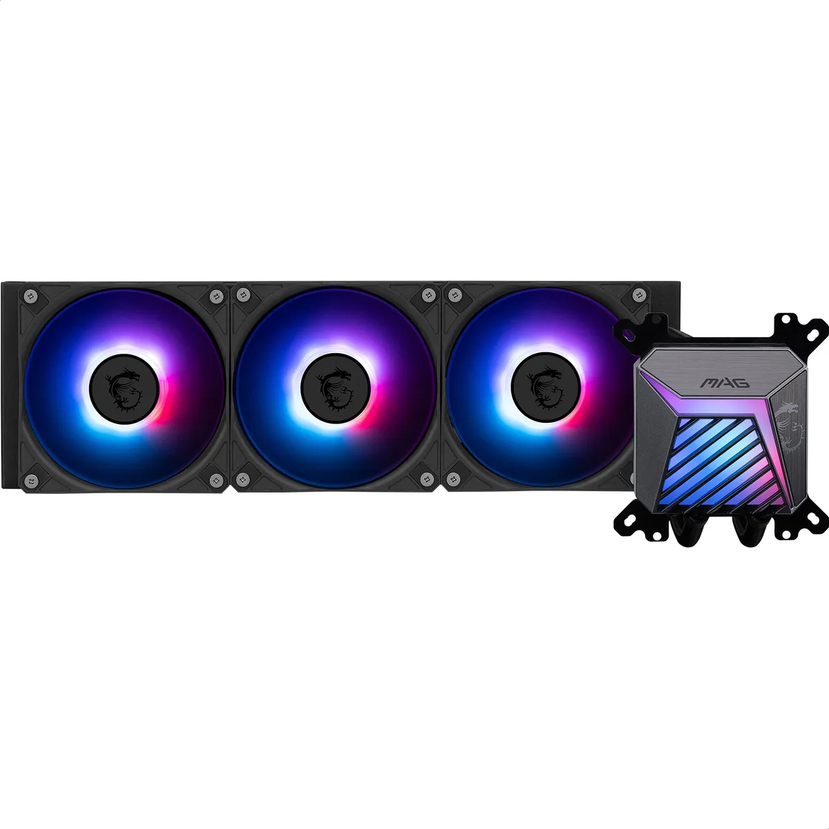 Black 360 mm radiator with three 120 mm ARGB fans and a square pump block with brushed aluminium accents