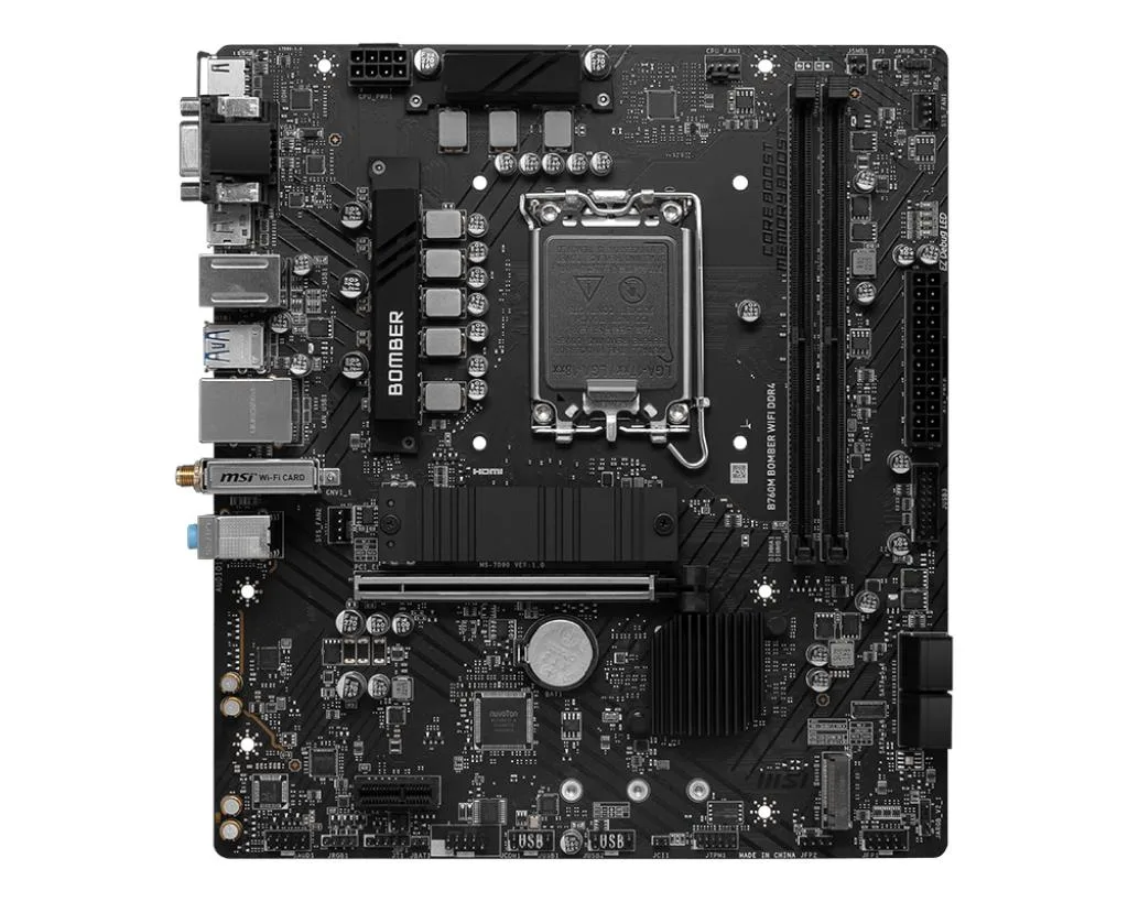 A black micro-ATX motherboard with silver heatsinks and a metallic rear I/O shield